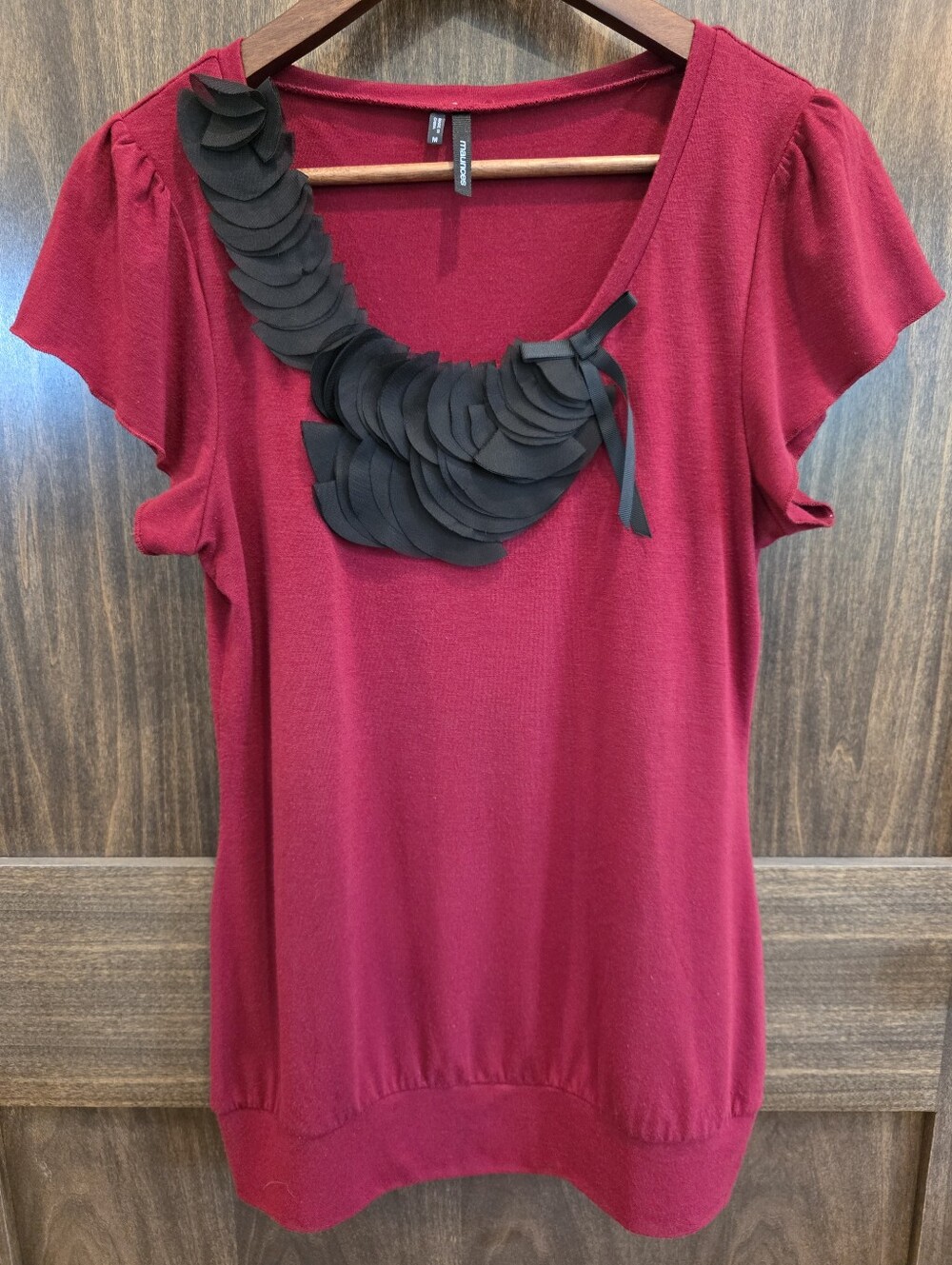 Maurices Women Medium 2010s Deep Red Burgundy Top With Black Ruffle Detail